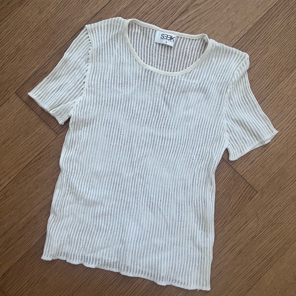Seek The Label Small Sheer Ribbed White Baby Tee